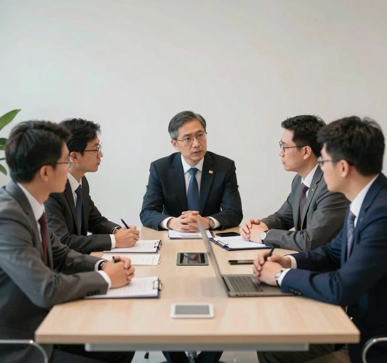 A professional training session at the ISAI Strategic Institute in Vietnam. A group of managers and engineers in business attire are discussing strategy around a modern table. Soft, bright lighting, professional and academic atmosphere.