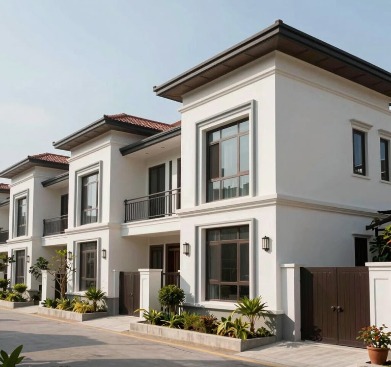A modern Vietnamese residential street featuring newly constructed townhouses with clean, elegant lines, bright daytime photography, high contrast.