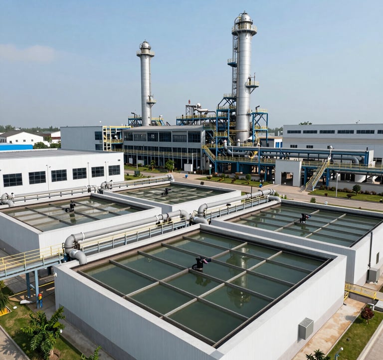 A modern industrial factory complex in Vietnam with efficient wastewater treatment systems, clean architectural lines, bright daylight, professional photography.