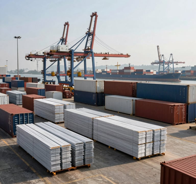 Industrial scene at a Vietnamese shipping port where stacks of high-quality construction materials are being prepared for international export. Bright morning light, sharp focus, conveying global reach and reliability.