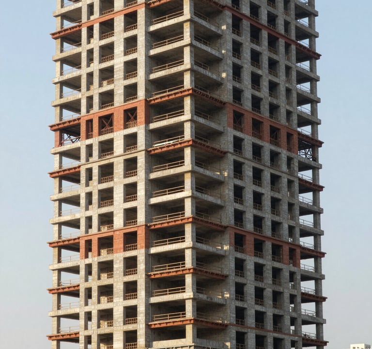 An architectural photo of a high-rise building project with innovative technical infrastructure in a Vietnamese city. The style is modern and dynamic, with sharp contrast and natural lighting highlighting the terracotta accents.