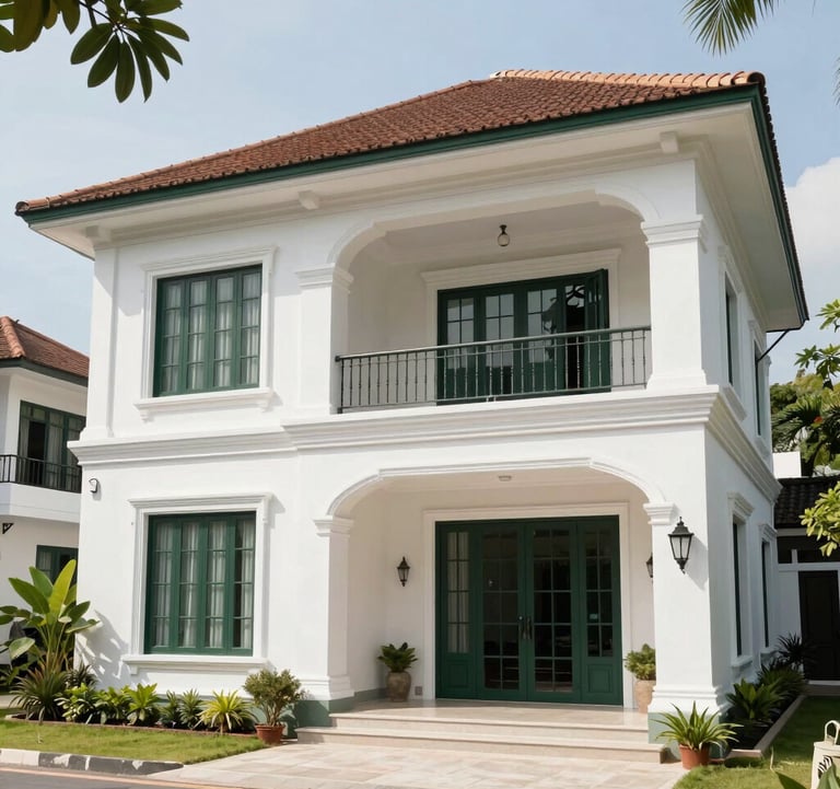 A beautiful modern villa in Vietnam featuring French architectural influences with clean white walls and dark green window frames, surrounded by professional landscaping and bright daylight.