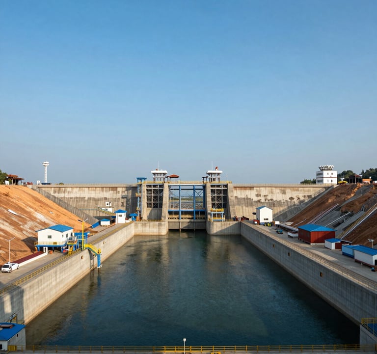 A grand technical infrastructure project, specifically a large-scale dam or irrigation canal in Vietnam, professional wide-angle shot, clear blue sky.