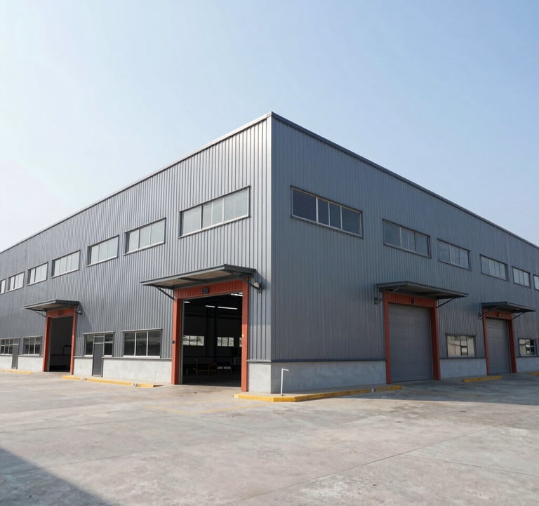 Photography of a large modern warehouse facility in a Southeast Asian industrial park, showcasing clean engineering, grey metal cladding, and terracotta red accents under a bright, clear sky.