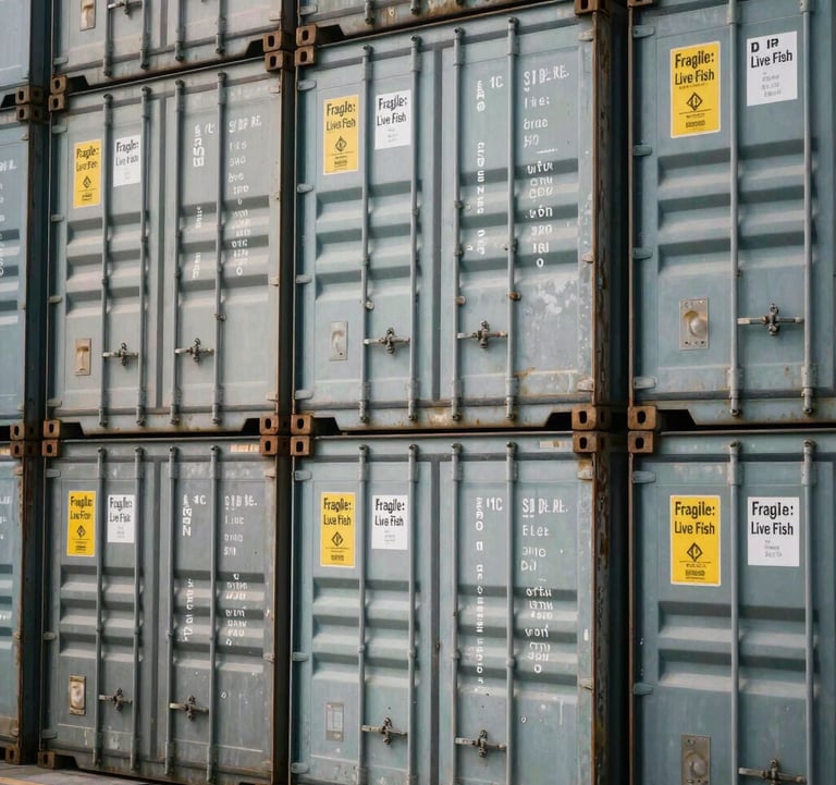 A photography shot of thermal shipping containers stacked neatly in a warehouse, with a focus on the 'Fragile: Live Fish' labels and professional handling equipment.