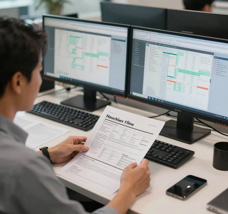 A lifestyle shot of a professional Southeast Asian office setting where specialists are reviewing shipping manifests and digital logistics maps on monitors, conveying a sense of organized expertise.
