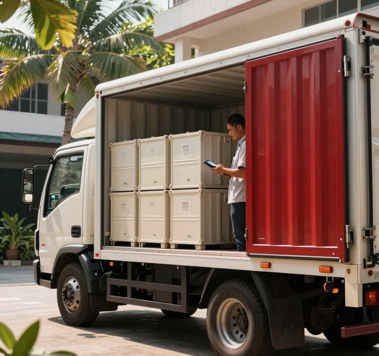 A medium shot of a modern delivery truck parked in a bright Southeast Asian / Filipino facility courtyard. The side cargo door is open, showing organized rows of high-quality shipping containers. A staff member is visible checking a digital tablet. Sunlight filters through tropical foliage, casting soft shadows. Color palette includes Crisp Parchment and Deep Ripe Crimson.