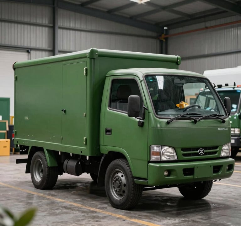 A medium shot of specialized Matte Forest Green delivery vehicles parked at a modern warehouse facility in the Philippines, ready for local distribution of imported ornamental fish.