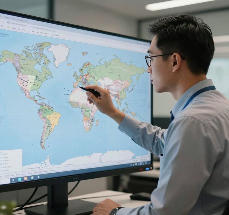 A logistics manager in a Southeast Asian / Filipino office looking at a world map on a screen, planning a complex route. Sophisticated and calm atmosphere with professional indoor lighting.