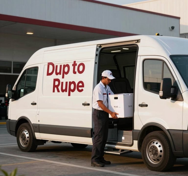 A sleek white delivery vehicle with Deep Ripe Crimson branding parked outside a modern facility in the Philippines. A professional worker in a clean uniform is carefully unloading a secure, insulated shipping crate during the golden hour.
