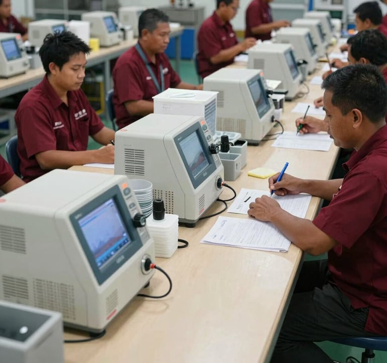 A wide-angle photography shot of an organized fish packing station in a Southeast Asian / Filipino facility. High-end water testing equipment and packing materials are neatly arranged on a Light Tan counter. The composition is clean and sophisticated, showcasing logistical precision with Deep Ripe Crimson branding on the staff uniforms.