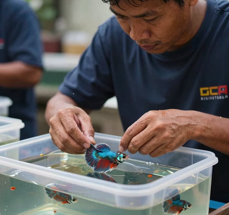 A team member in a Southeast Asian / Filipino setting carefully packing a vibrant Betta fish into a shipping container. Professional lighting, focused composition, showcasing precision and care.