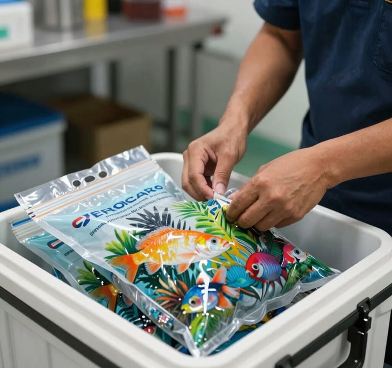 A close-up photograph of a professional packing station where a Southeast Asian technician is carefully placing oxygen-filled bags of vibrant tropical fish into a thermal-lined export box, soft indoor lighting.