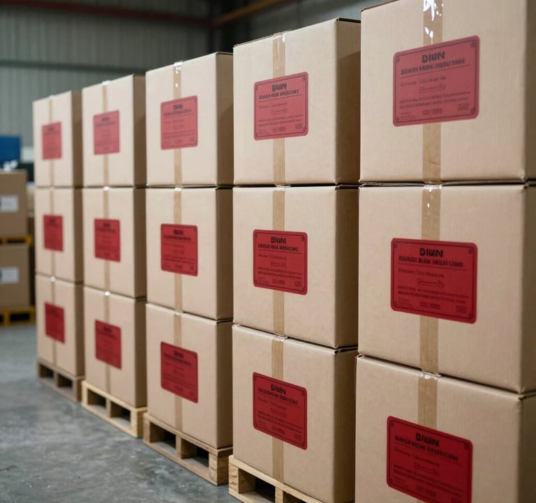 A row of branded cargo boxes ready for airline dispatch. The scene is a clean, organized Southeast Asian / Filipino loading bay. Use Crisp Parchment and Deep Ripe Crimson labels visible on the containers.