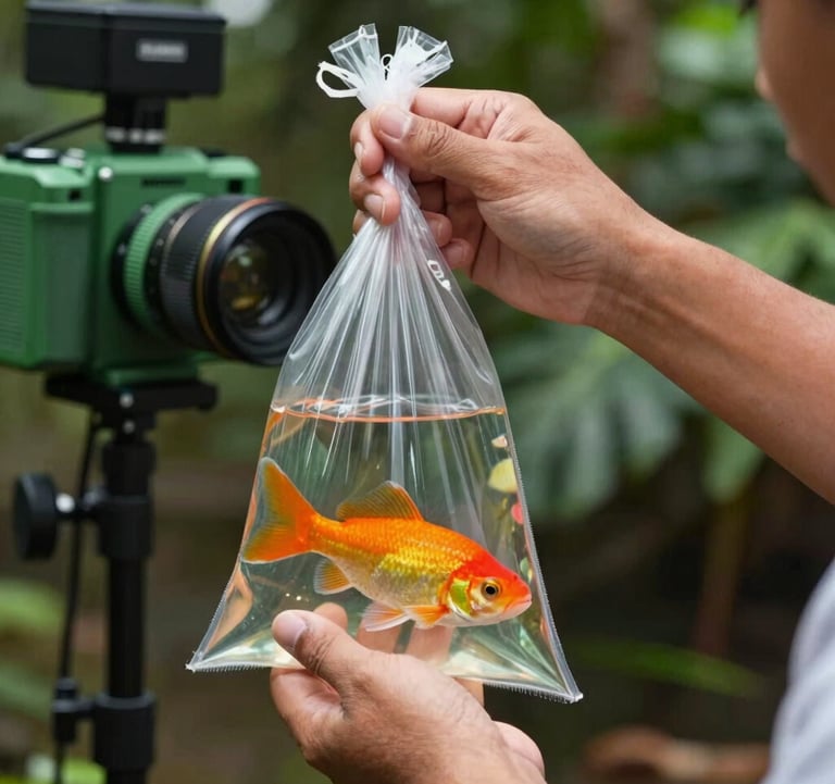 A close-up of hands in a Southeast Asian / Filipino setting carefully inspecting a clear bag containing a bright, healthy ornamental fish. The background features Matte Forest Green professional equipment and soft, focused lighting.