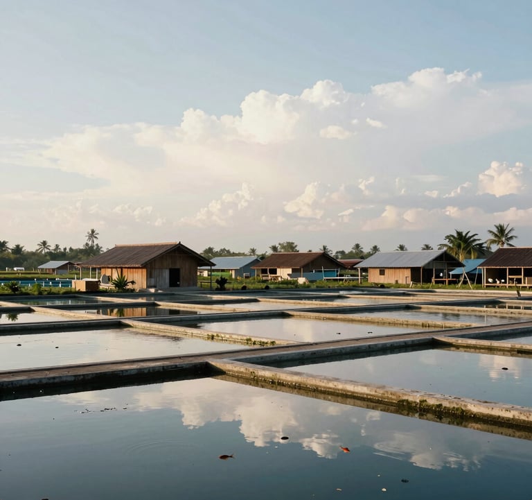 A scenic view of a local Filipino ornamental fish farm with traditional ponds reflecting a soft Crisp Parchment sky, showcasing the source of our local exports.