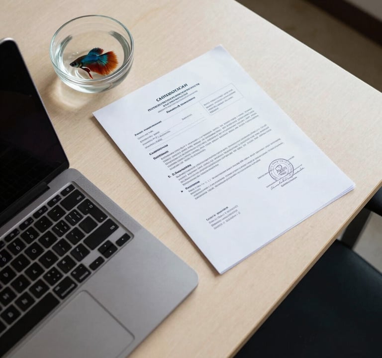 A top-down workspace shot in a Southeast Asian / Filipino office. A Crisp Parchment colored desk holds a laptop, official customs documents, and a small glass bowl with a vibrant betta fish. Professional and organized setting.