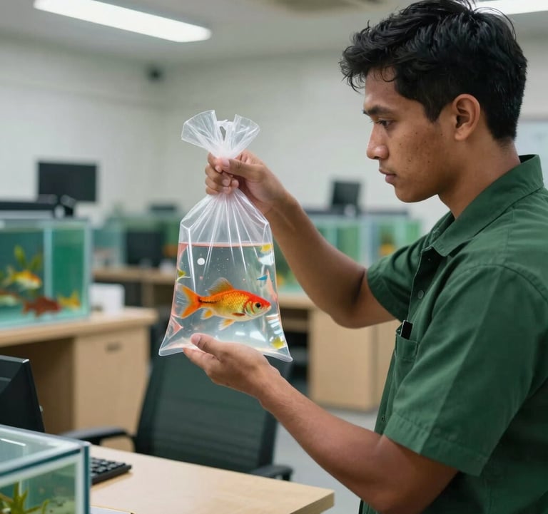 A behind-the-scenes photography shot in a clean, well-lit Filipino warehouse office. A transshipping specialist is carefully inspecting a clear oxygenated plastic bag containing a vibrant ornamental fish. The mood is professional and focused, with Matte Forest Green and Light Tan furniture in the background.