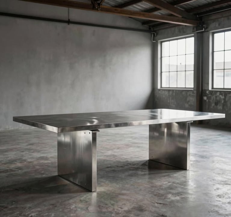 A sophisticated industrial setting in Brazil where a bespoke stainless steel dining table is staged within a minimalist, high-ceiling loft, emphasizing luxury and precision engineering.