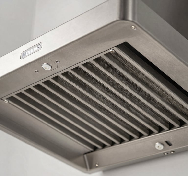 Macro photography detail of a Heisis inertial filter system in a stainless steel range hood. The geometric precision of the metal slats is showcased with sharp, technical lighting and professional minimalist composition.