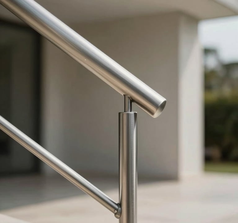 Detail shot of a minimalist stainless steel handrail installation in a luxury South American residence. The focus is on the seamless welding and sophisticated brushed finish, with a softly blurred architectural background.