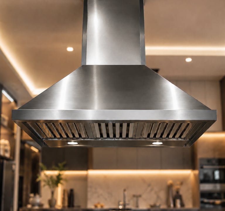 A modern stainless steel wall mount range hood with baffle filters in a luxury kitchen.