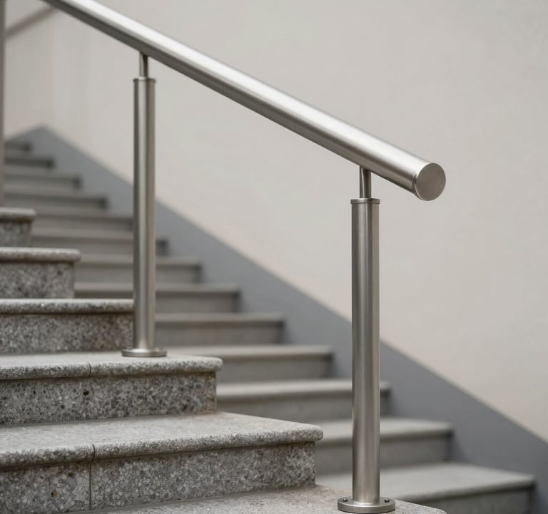 Corrimão moderno de aço inoxidável instalado em escadas externas de granito para segurança e acessib