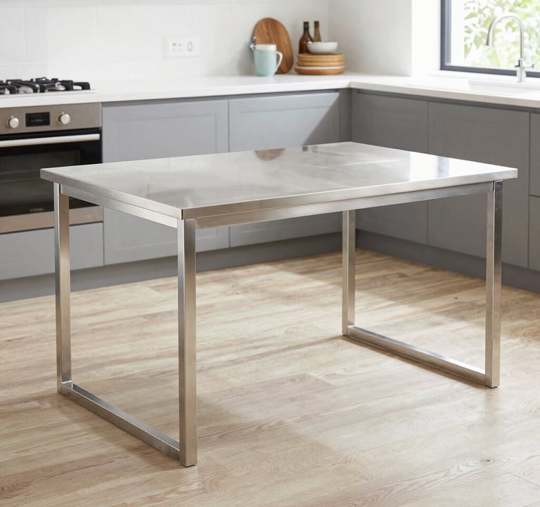 Bespoke stainless steel dining table in a contemporary South American apartment. Elegant, thin profile, graphite surroundings, minimalist luxury.