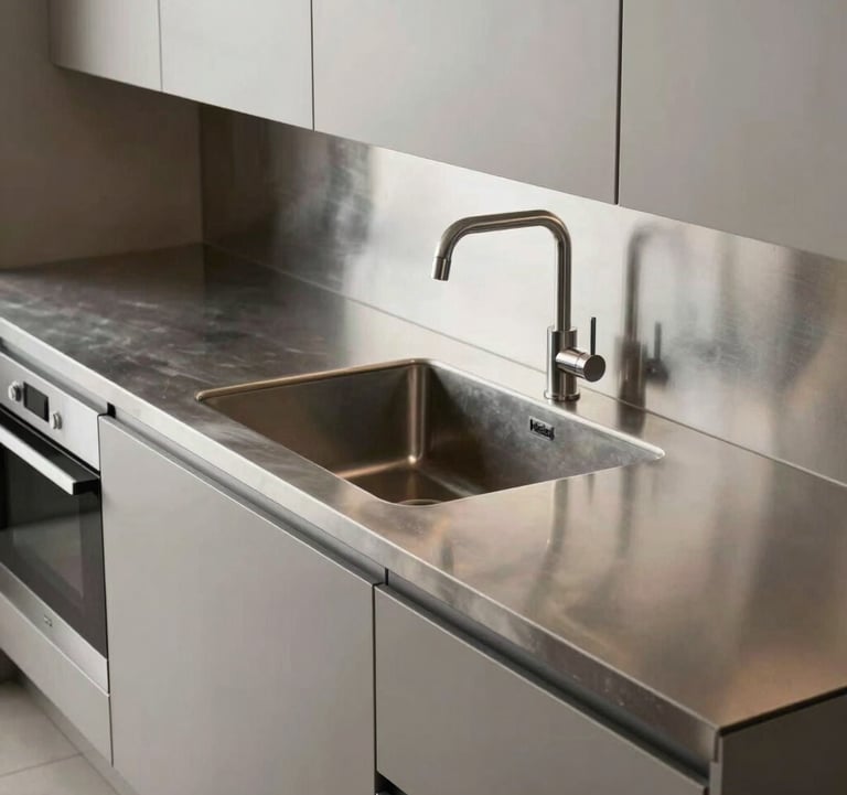 Interior view of a luxury Brazilian kitchen featuring a long, custom stainless steel countertop and integrated sink, demonstrating the minimalist and sophisticated design of Heisis.