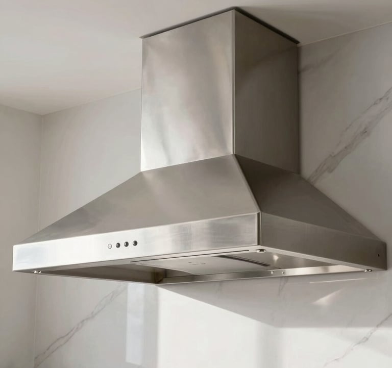 A minimalist close-up of a custom residential stainless steel hood in a bright, modern São Paulo kitchen. The brushed metal finish catches the morning light. Background shows white marble and clean architectural lines. Luxury South American home.