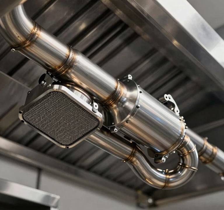 A professional-grade stainless steel exhaust system in a high-end Brazilian restaurant kitchen. The image focuses on the precise engineering of the inertial filters and the robust, polished construction. Clean, technical, and high-performance atmosphere.