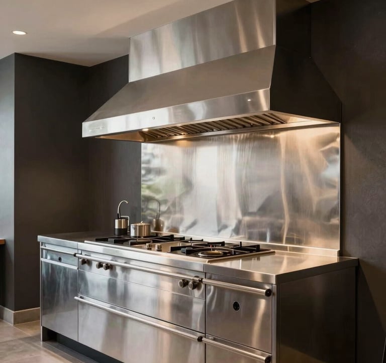 Wide shot of a luxury Brazilian gourmet area featuring a custom wall-to-wall stainless steel countertop and range hood. The lighting is warm and sophisticated, highlighting the brushed metal texture against dark graphite walls.