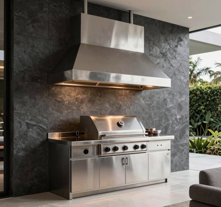 A high-performance gourmet area in a luxury Brazilian villa. A large, bespoke stainless steel barbecue hood is the focal point, installed against a dark graphite textured wall. Professional lighting, sophisticated outdoor living space.