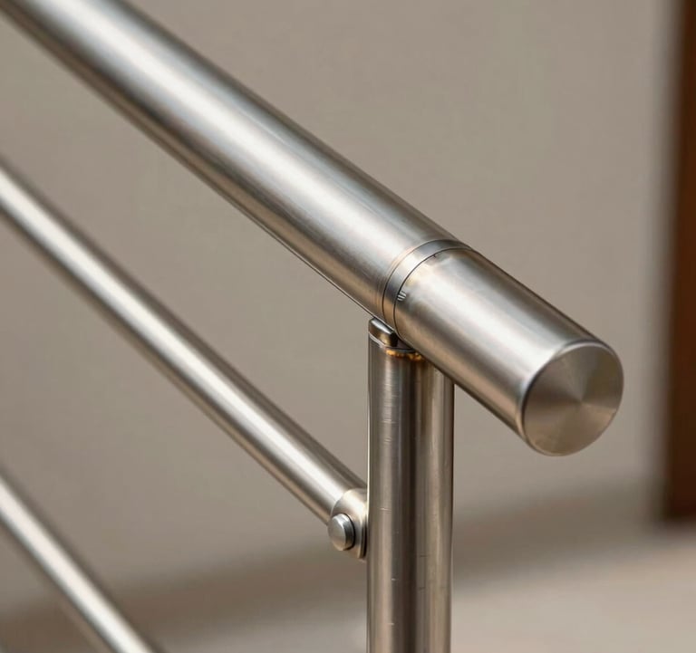A close-up photography of a custom inox handrail with perfect welds, showcasing the technical mastery and premium finish characteristic of Heisis products in a South American modern residence.