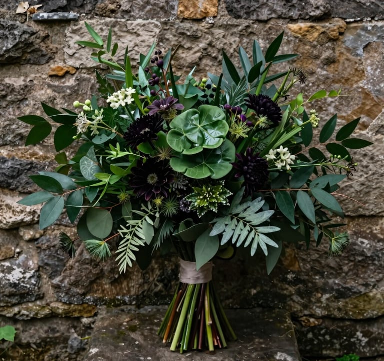 A cinematic photograph of a wedding bouquet with deep forest green foliage and dark wildflowers, set against the stone wall of an ancient castle.