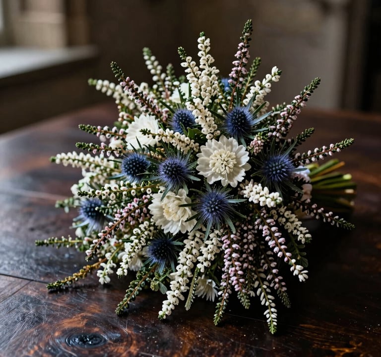 A detailed shot of a wedding bouquet featuring wild Scottish heather and thistles, resting on a dark wood table inside a Northern European / Scottish castle. Soft off-white highlights catch the textures of the flowers against deep slate shadows.