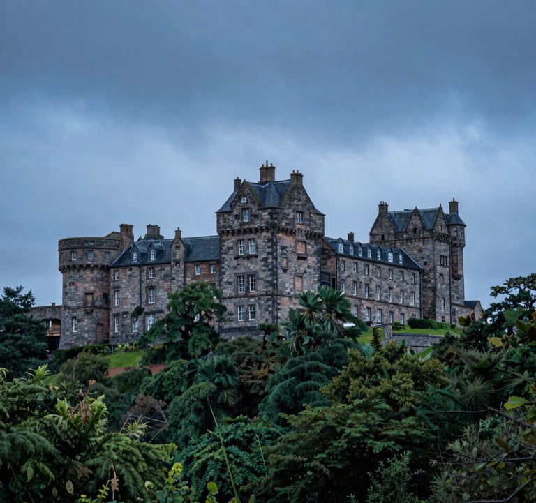 A wide-angle photograph of a historic stone castle in Scotland during a moody blue hour, with deep forest green trees and soft cloud white mist.