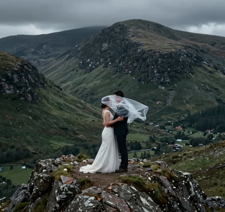A cinematic medium shot of a wedding couple standing atop a rugged Highland peak in a Northern European / Scottish landscape. The bride's veil is caught in the wind. The lighting is moody and dramatic with deep slate and forest green tones in the background hills.