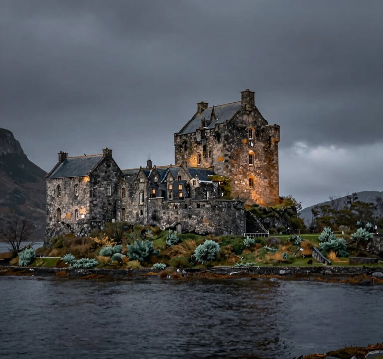 A high-end, cinematic photograph of a historic stone castle on the edge of a dark loch in the Northern European / Scottish Highlands. The architecture is illuminated by soft, moody light against a deep slate grey sky, surrounded by muted sage green foliage.