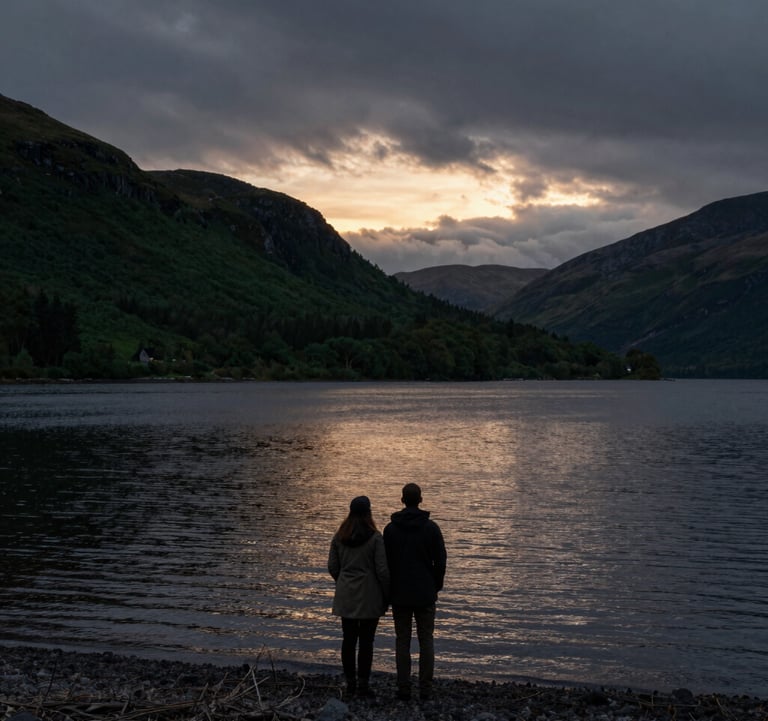 A dark, moody photograph of the silhouette of a couple against a sunset over a calm Scottish loch, with colors ranging from deep forest green to dark slate.