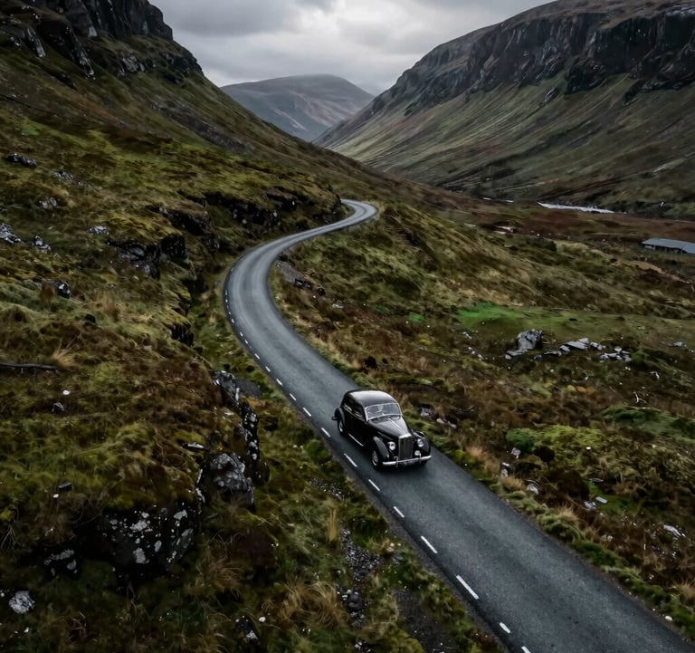 A drone shot of a vintage luxury car driving along a winding single-track road in the Scottish Highlands. The surrounding hills are a deep moss green, and the lighting is dramatic and moody.