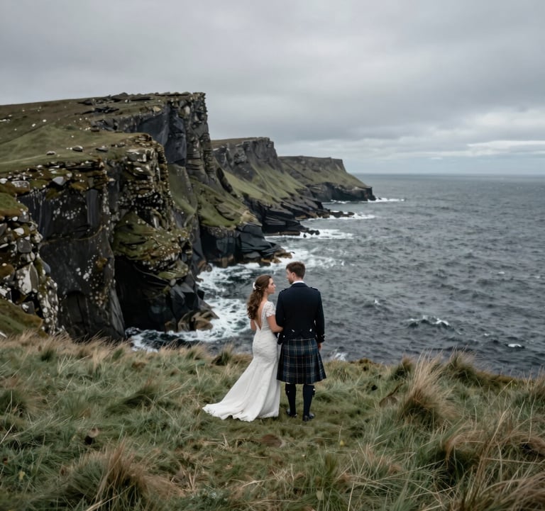 A cinematic shot of a couple in traditional wedding attire, with the groom in a kilt, standing on a windswept Northern European / Scottish coastal cliff. The ocean is a deep slate grey with white foam, and the grass is a muted sage green under a moody sky.