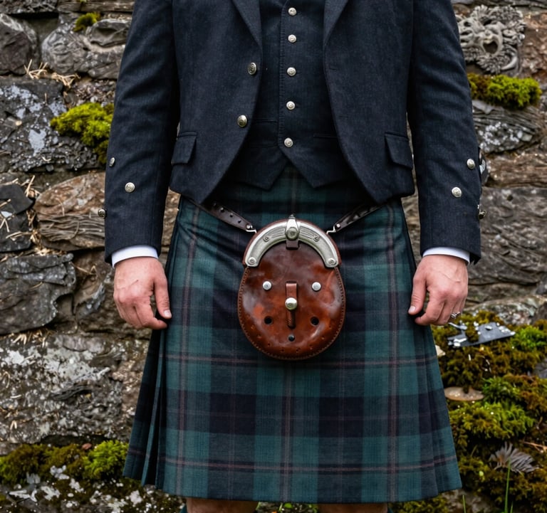 Close-up photography of a groom in a traditional kilt with a leather sporran, standing against the weathered stone walls of a Northern European / Scottish castle. Muted green moss highlights the stones, and the lighting is professional and moody.