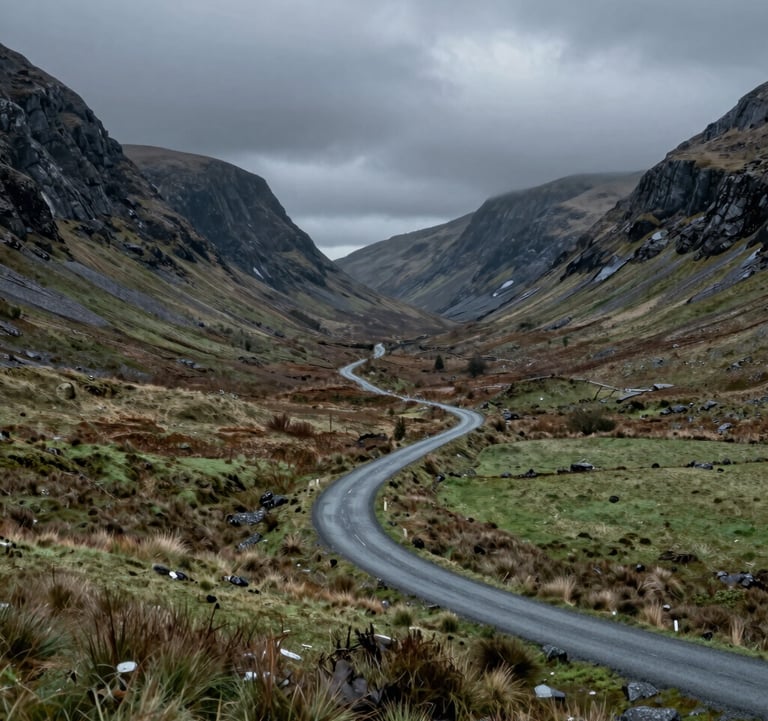 A wide, atmospheric landscape photo of a winding road through a glen in the Northern European / Scottish Highlands. Moody deep slate grey mountains tower over muted sage green fields. The lighting is cinematic, highlighting the rugged textures of the wild landscape.