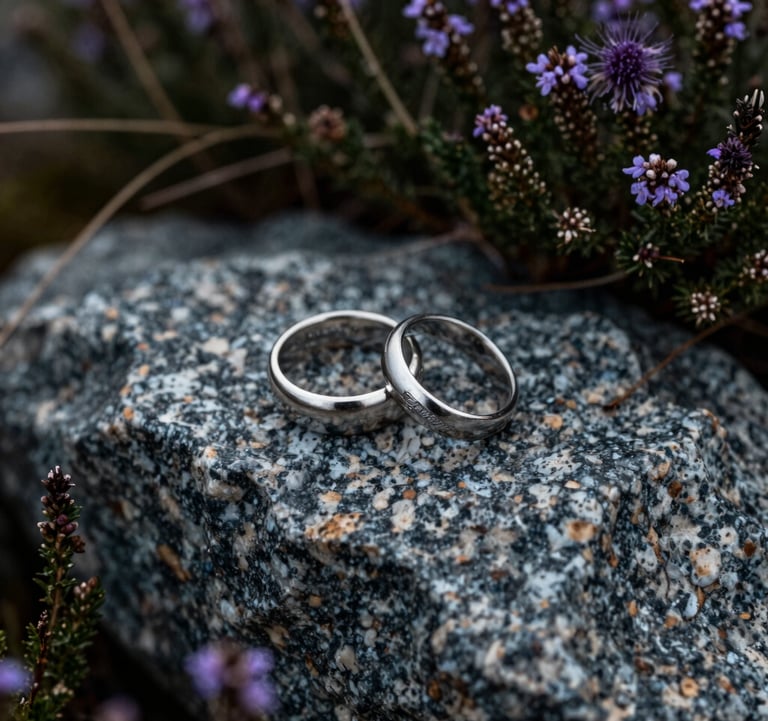 A close-up of wedding rings resting on a piece of natural granite rock, surrounded by wild Scottish heather and thistles. Soft, atmospheric lighting with a dark slate color palette.