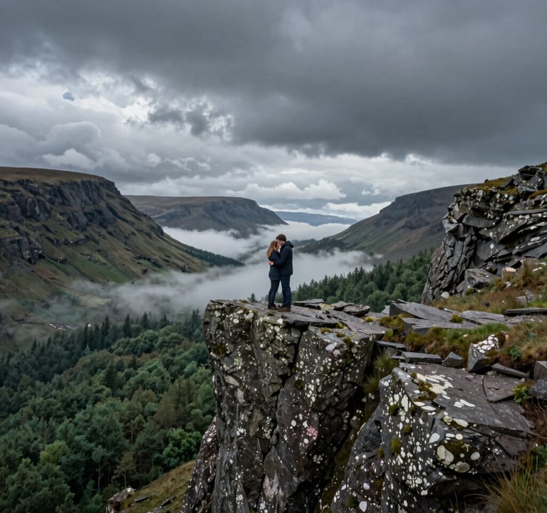 A cinematic photograph of a couple embracing on a rugged cliffside in the Scottish Highlands. The sky is filled with dramatic, dark slate clouds, and the landscape is a mix of deep forest green and soft cloud white mist.