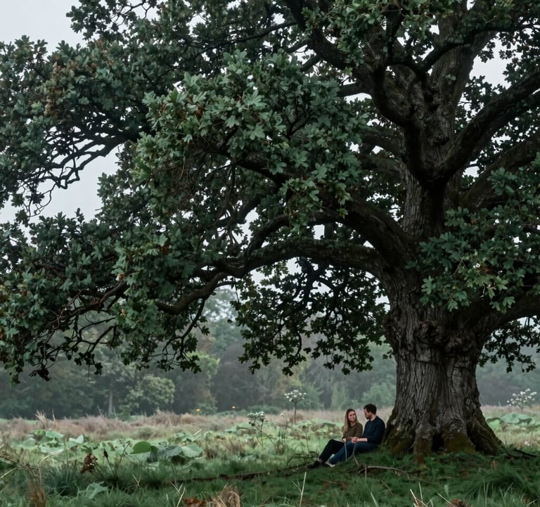 A Northern European / Scottish couple sharing a quiet moment under a sprawling ancient oak tree on a misty day. The palette is dominated by forest green and deep slate tones. Professional photography with a cinematic depth of field.