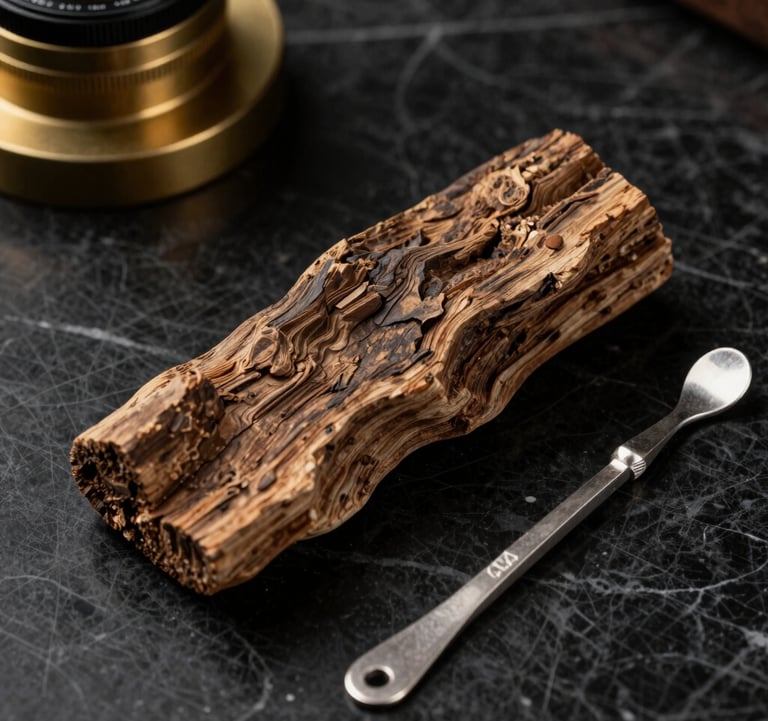 A still life shot of raw agarwood and silver tools on a black marble desk. The composition is structured and architectural, reflecting the technical precision of scent creation. Deep shadows and muted brass light.
