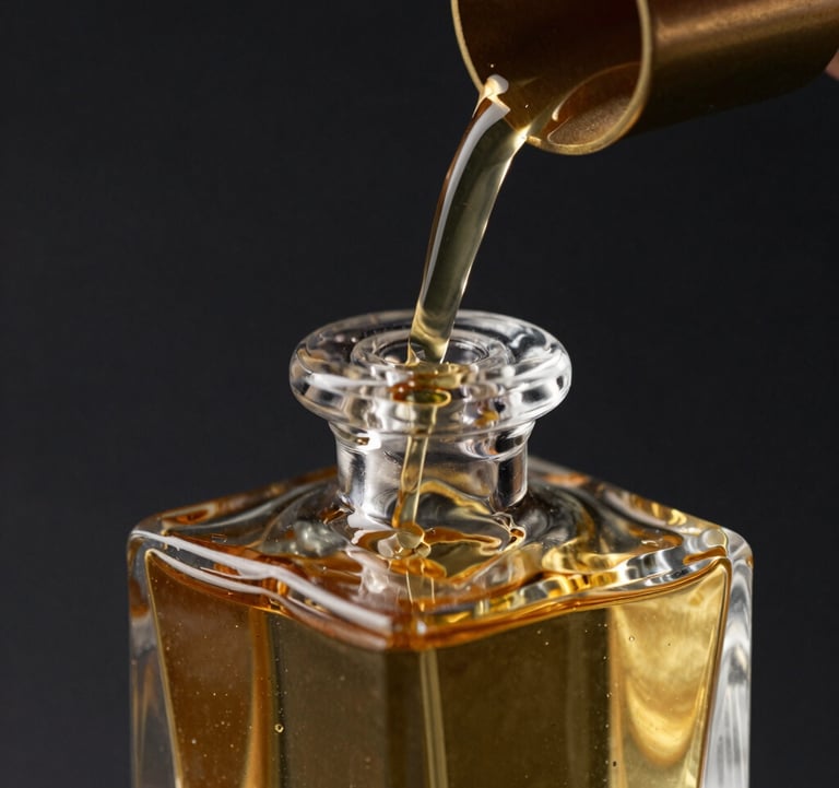 Macro photography of golden perfume liquid being poured into a crystal flacon. The lighting creates sharp, controlled reflections. Sophisticated editorial style with obsidian black and muted brass color palette. High-end Middle Eastern aesthetic.