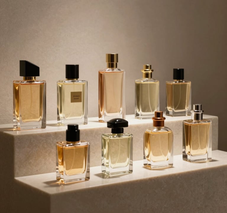 A collection of niche perfume bottles arranged on a tiered obsidian shelf. The composition is balanced and architectural, using lighting to emphasize the liquid within. Middle Eastern / Gulf luxury aesthetic.